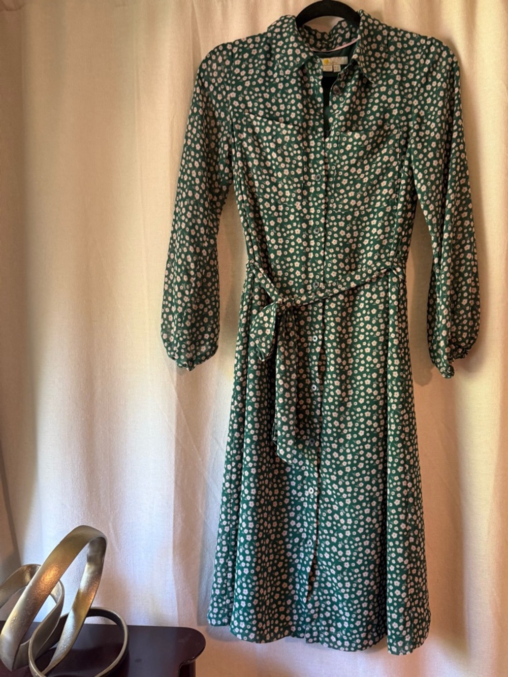 Boden Green Floral Midi Shirt Dress with Waist Tie